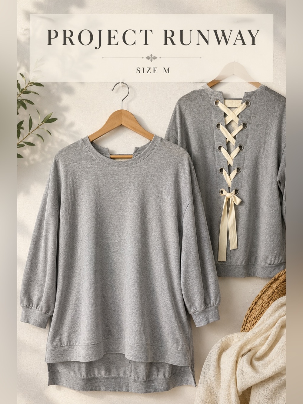 Project Runway Lace-Up Back Sweatshirt Heather Gray Size M NWT